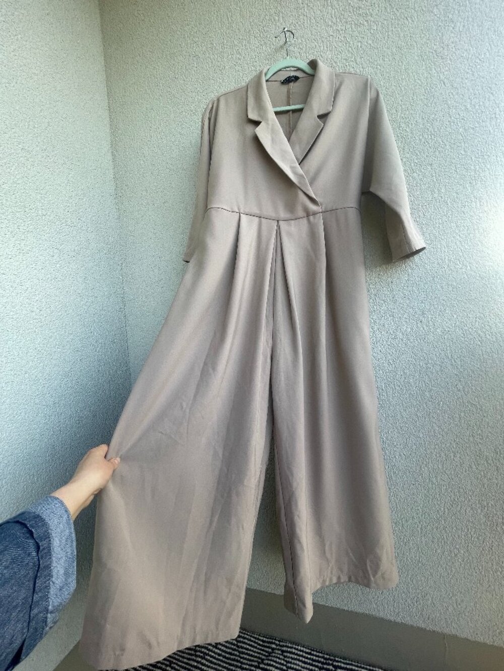 Size M-L, Beige Wide Leg Jumpsuit Belted Collared
